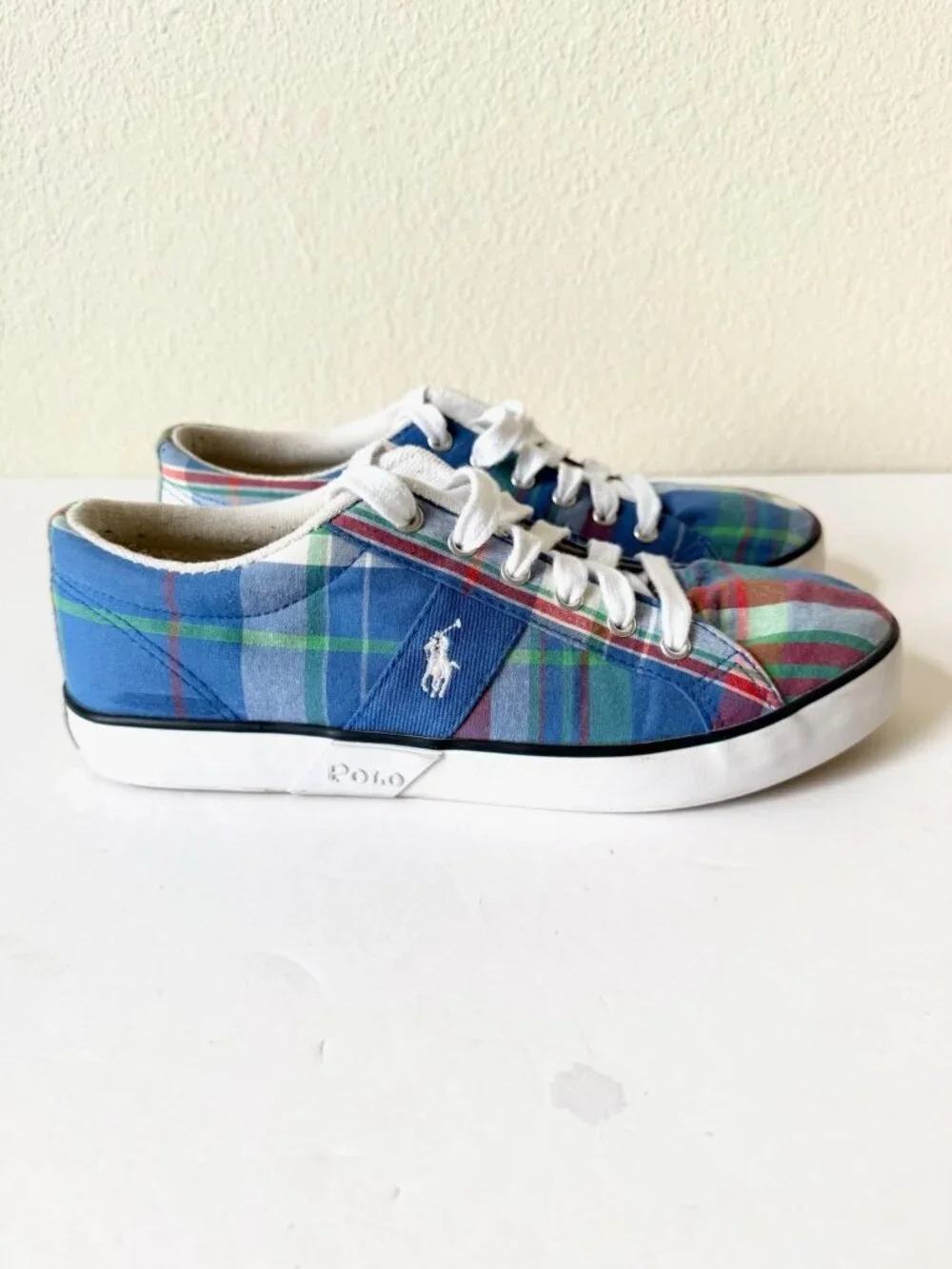 Polo Ralph Lauren Gillian Sneakers Womens Size 7 Madras Plaid Low Top Preppy